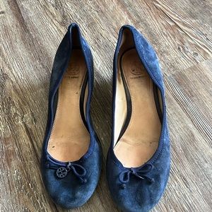 Tory Burch blue suede Chelsea wedge heels.